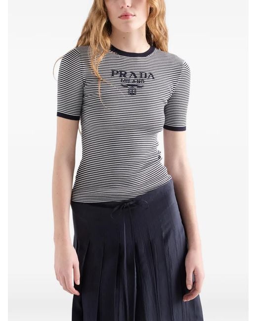 Prada Gray Striped Silk Crew-Neck Sweater