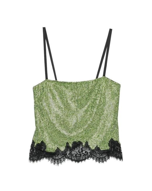 Self-Portrait Green Rhinestone-Embellished Lace-Trim Top