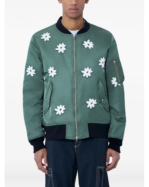 Nomarythm Textile Green Floral Embroidered Bomber Jacket for men