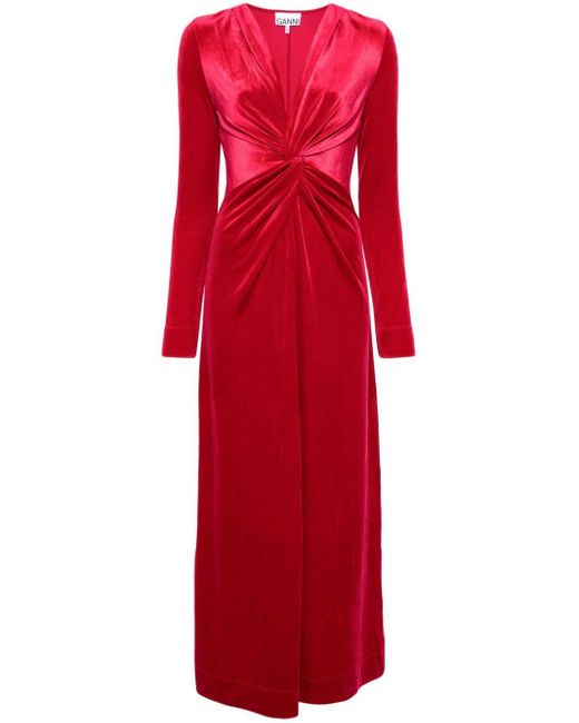Ganni Red Twisted Velvet Maxi Dress