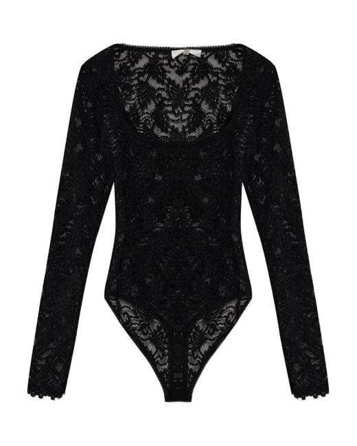 LoveShackFancy Black Jannie Lace Long-Sleeves Bodysuit