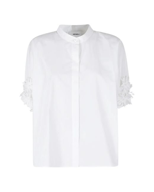 MEIMEIJ White Floral-Appliqué Band-Collar Shirt