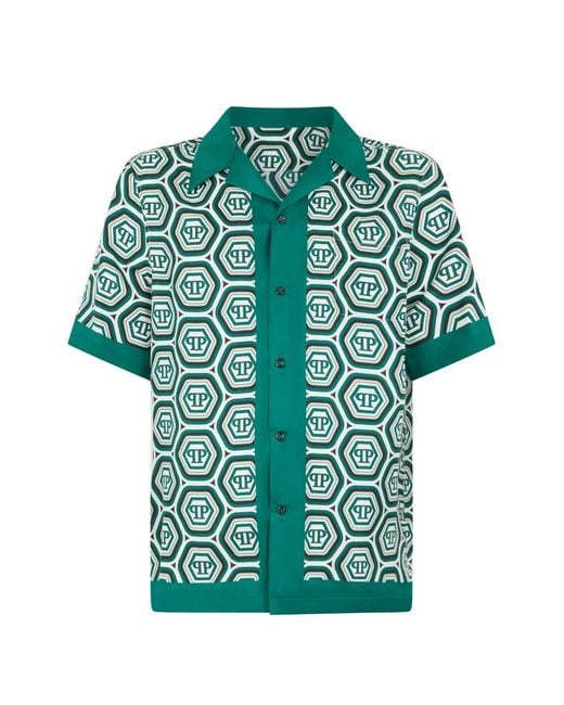Philipp Plein Green Silk Bowling Shirt Monogram 70's for men
