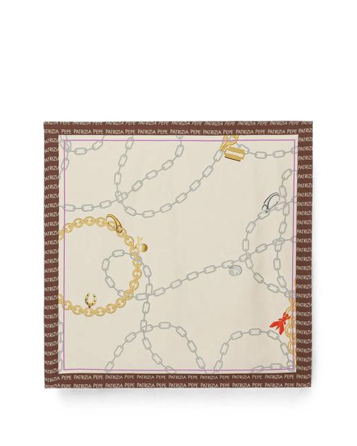 Patrizia Pepe Natural Chain-Print Logo-Border Scarf