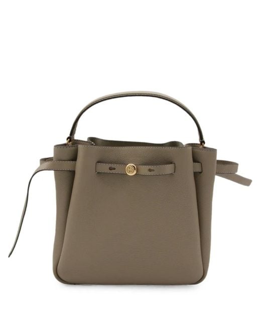 Tory Burch Metallic Romy Logo-Plaque Pebbled Leather Bucket Bag