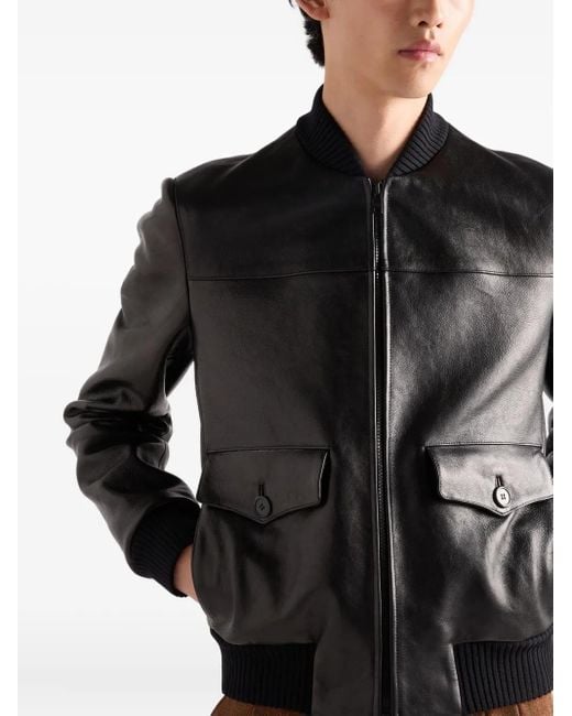 Prada Black Patch-Pocket Leather Bomber Jacket for men