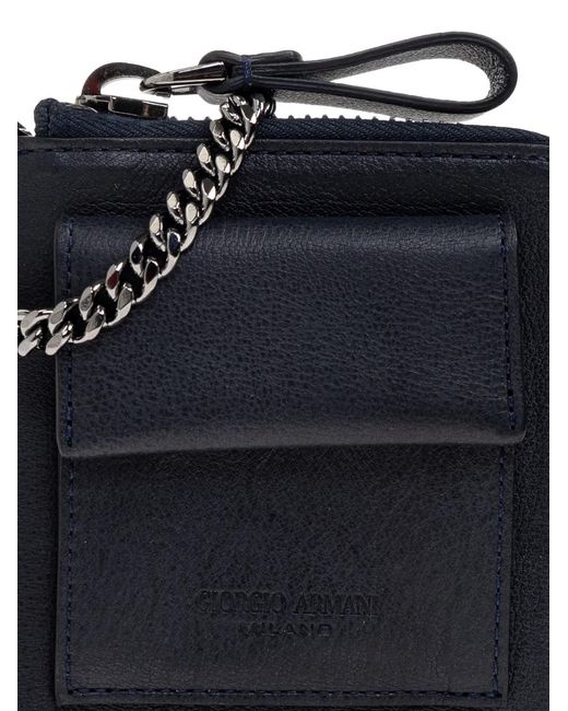 Giorgio Armani Blue Chain Zip Leather Wallet for men