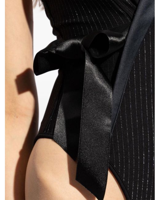 Balmain Black Lapel Detail Metallic Thread Swimsuit