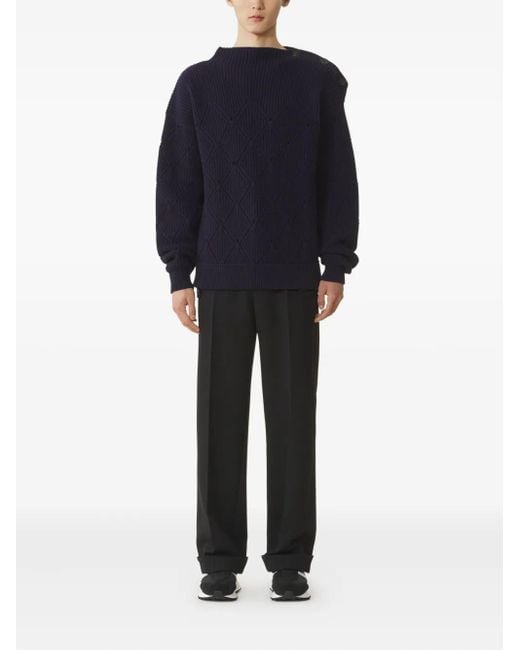 Lanvin Blue Diamond-Pattern Buttoned-Shoulder Sweater for men
