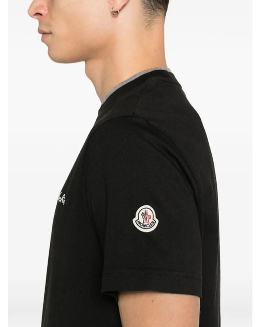 Moncler Black Embroidered Logo And Double Crew Neckline Cotton T-Shirt for men