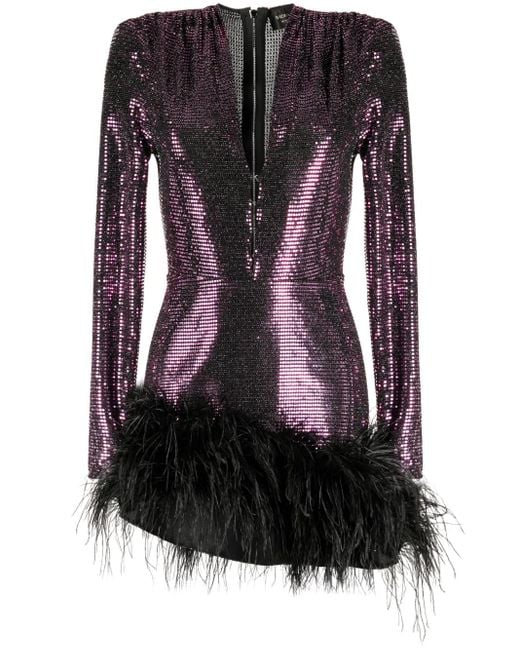 Bronx and Banco Purple Feather-Detailing Metallic-Finish Dress