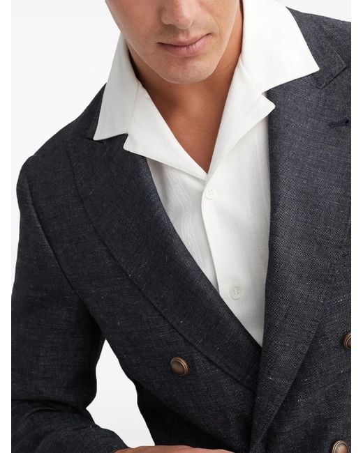 Brunello Cucinelli Blue Double-Breasted Linen Blazer for men