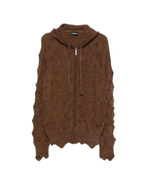 MADFRENZY Brown Spiked Zip-Up Cable-Knit Cardigan for men