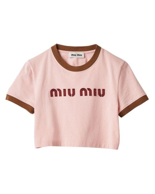 Miu Miu Pink Logo-embroidered Cropped T-shirt
