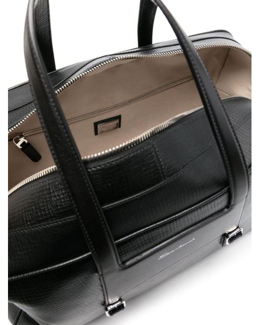 Santoni Black Zip-up Leather luggage Bag for men