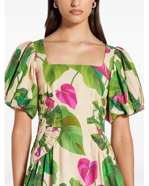 Farm Rio Green Puff-Sleeve Floral-Print Mini Dress