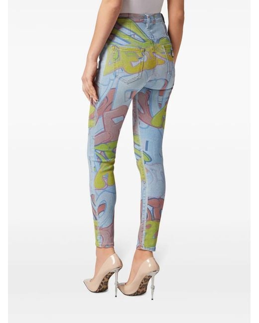 Philipp Plein Blue Bombing Graffiti-Print Skinny Jeans
