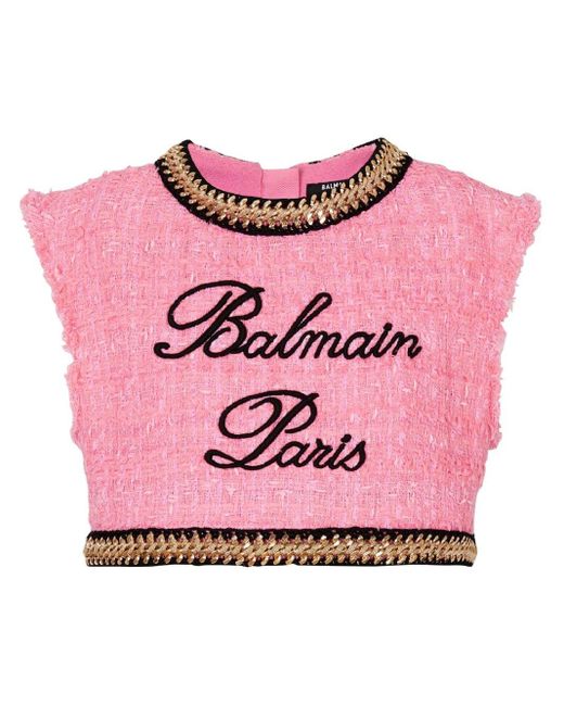 Balmain Pink Logo-embroidered Tweed Crop Top