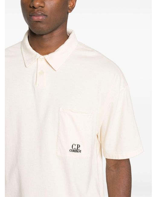C P Company White Embroidered-logo Cotton Polo Shirt for men