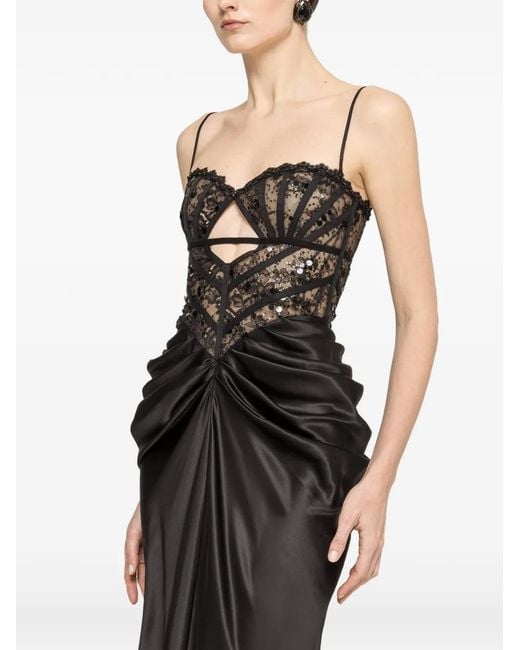 Nissa Black Lace-Panel Sequin-Embellished Maxi Dress