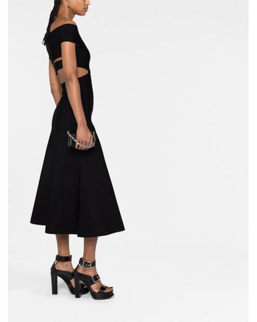 McQueen Black Off-Shoulder Flared Midi Dress