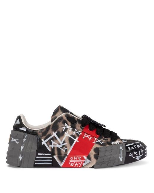 Dolce & Gabbana Sneaker Portofino aus bedrucktem Kalbsleder mit Schriftzügen in Black für Herren