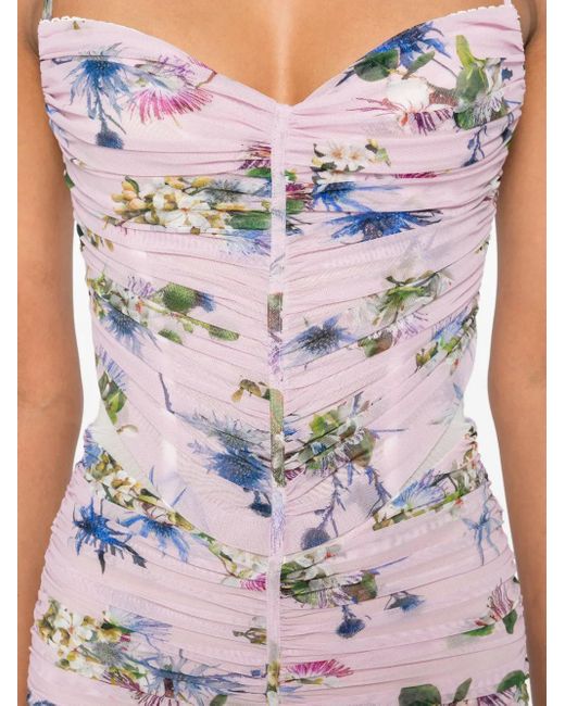 Blumarine White Gerafftes Midikleid mit Blumen-Print