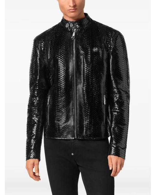 Philipp Plein Black Python Leather Moto Jacket for men