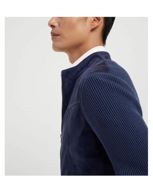 Brunello Cucinelli Blue Suede And Cotton Knit Bomber Jacket for men