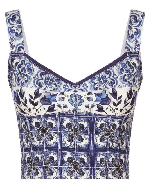 Dolce & Gabbana Blue Majolica-Print Corset Top
