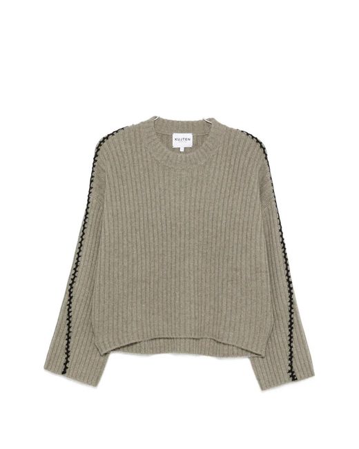 Kujten Green Ribbed Whipstitch-Trim Sweater