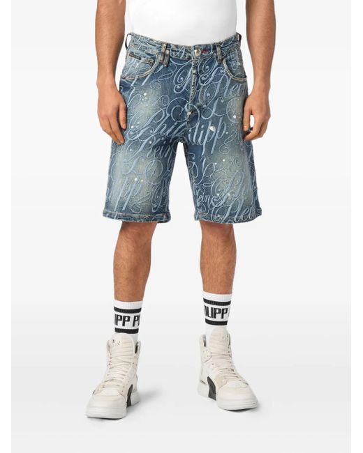 Philipp Plein Blue Logo-Embroidered Denim Shorts for men