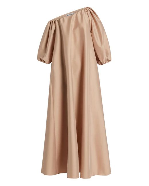 BERNADETTE Natural Puff-Sleeve Asymmetric-Shoulder Dress