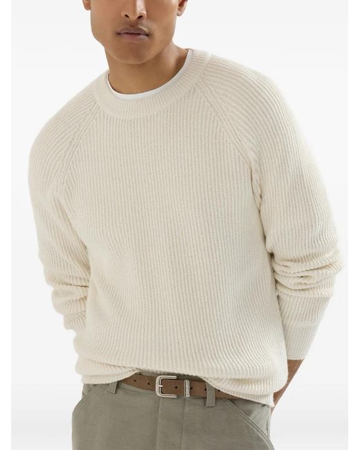 Brunello Cucinelli White Pull À Côtes Anglaises En Coton Malfilé Avec Manches Raglan for men