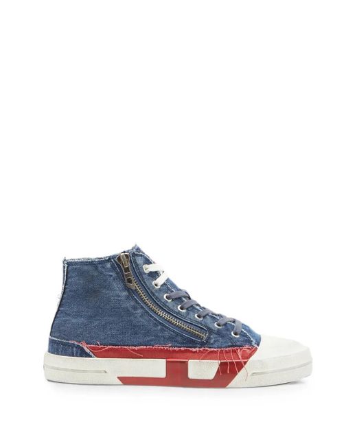 DIESEL Blue Frayed Denim High-Top Sneakers for men