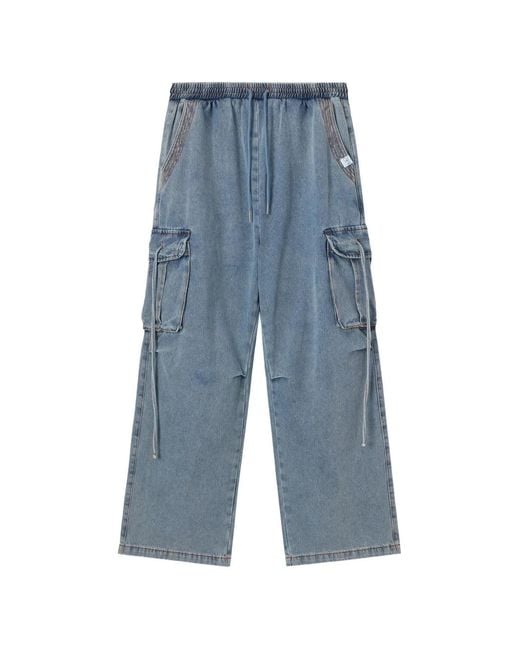 Mini Cream Blue Strap-Detail Cargo Jeans