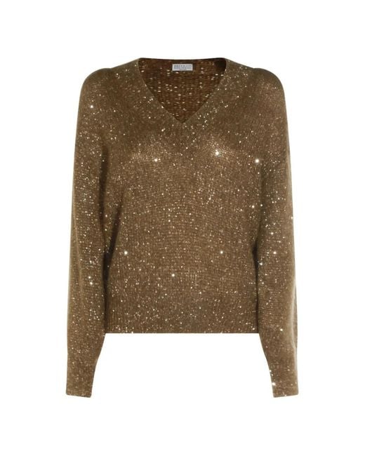 Brunello Cucinelli Green Sequin-Embellished V-Neck Sweater