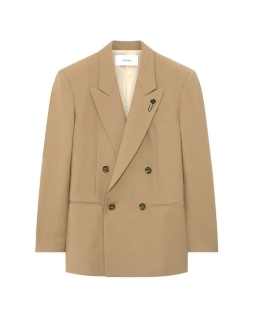 Lardini Natural Double-Breasted Peak-Lapel Blazer
