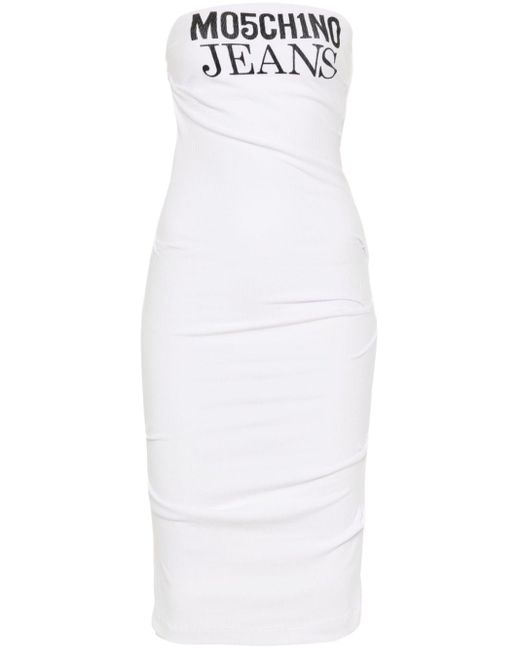 Moschino Jeans White Logo-print Strapless Midi Dress
