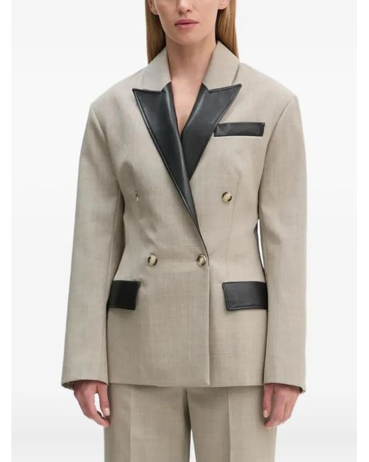 Nanushka Natural Pacey Leather-trimmed Double-breasted Blazer