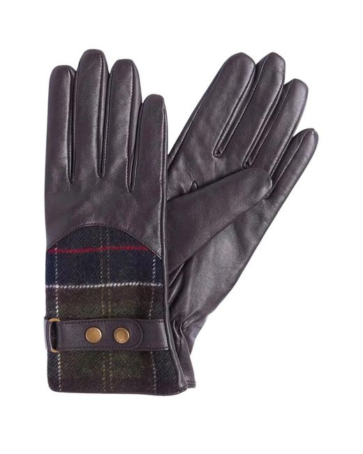 Barbour Gray Plaid-Panel Leather Gloves