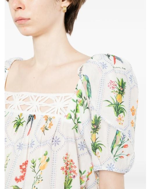 Farm Rio White Tropical Porcelain Puff-Sleeve Blouse