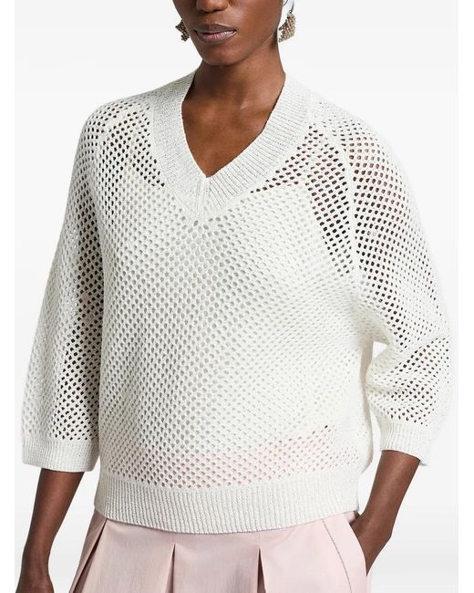 Peserico White Sequinnedv-Neck Open Sweater