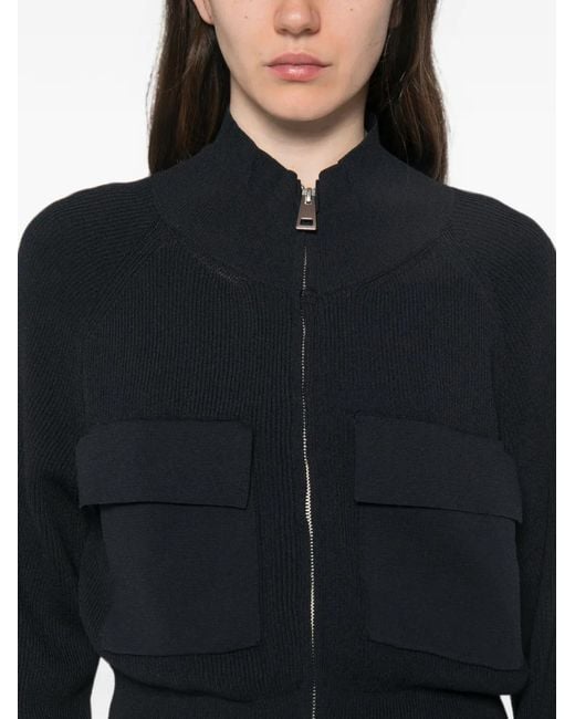 Liviana Conti Black Ribbed-Knit Flap-Pocket Cardigan