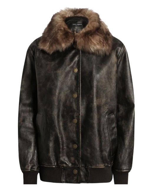 Dolce & Gabbana Black Shearling-Trimmed Leather Bomber Jacket