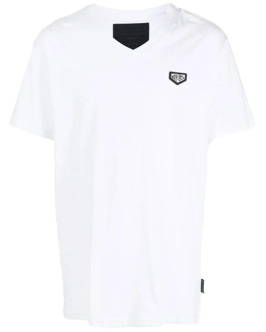 Philipp Plein White Logo-Plaque V-Neck T-Shirt for men