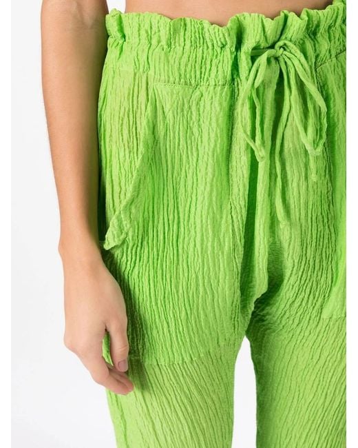 Amir Slama Green Crinkle-Effect Silk Trousers