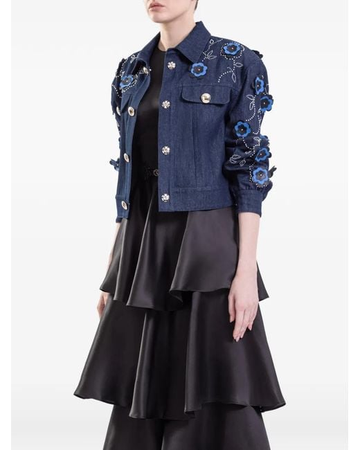 Saiid Kobeisy Blue Floral-Embellished Denim Jacket And Ruffled Midi Dress