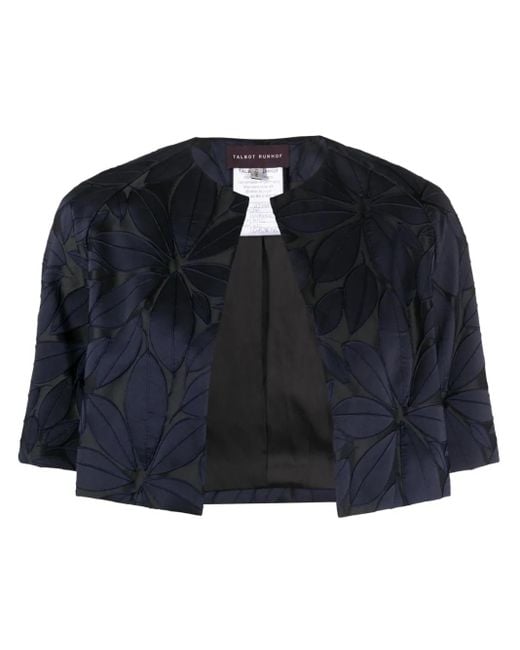 Talbot Runhof Blue Embroidered-Leaf Cropped Jacket