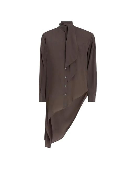 High Brown Warble Pussy-Bow Asymmetric Shirt